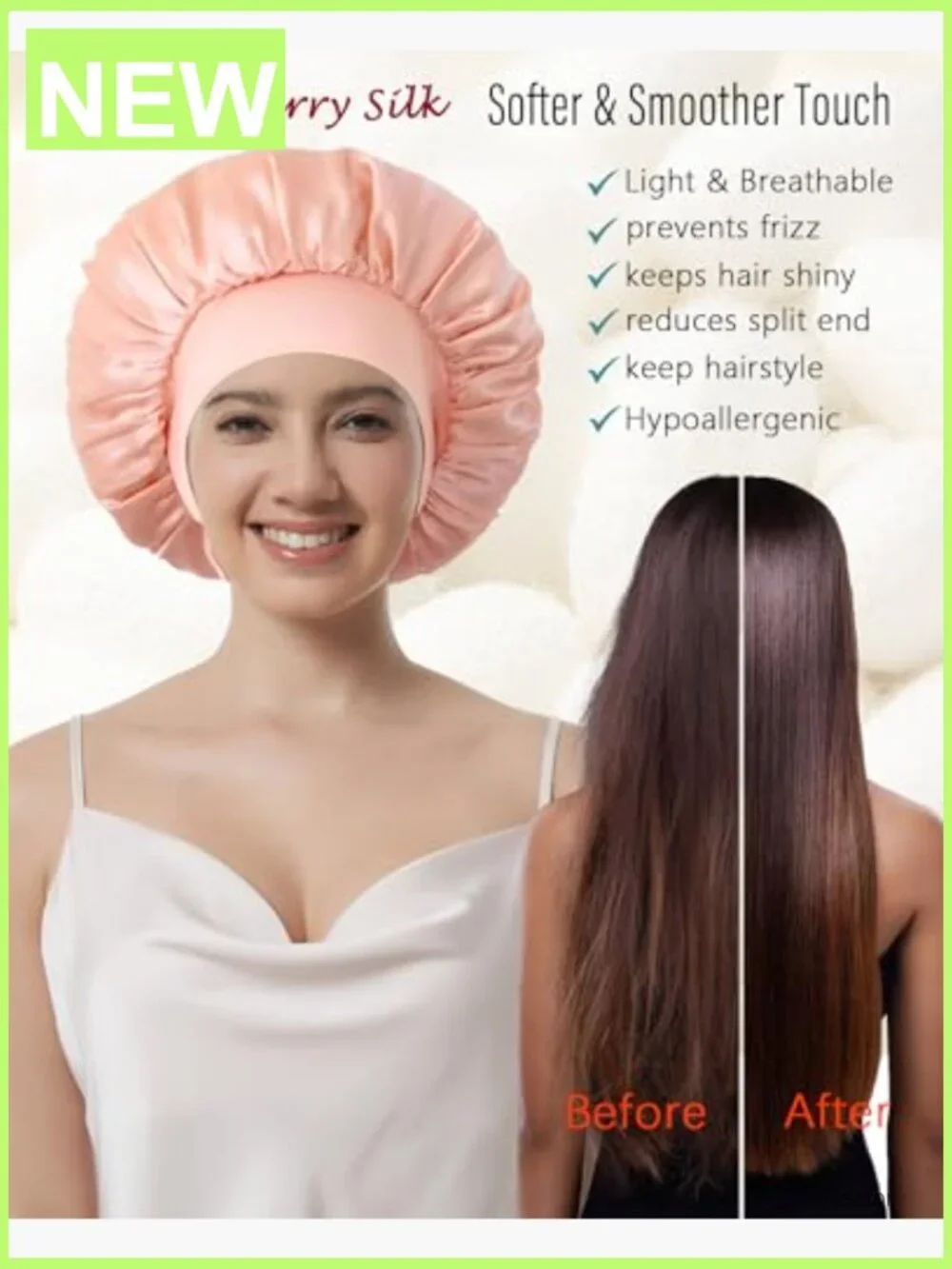100% Mulberry Silk Bonnet for Sleeping, Double Layer Sleep Cap with Elastic